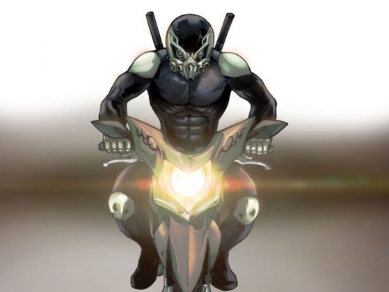 Gambar karakter Setan Jalanan dan motornya hasil goresan M. Arief Russanto.
